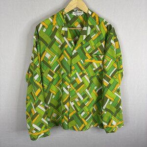 Vintage 60s 70s Perma-Press Men’s Night Shirt Large Green Psychedelic Mod